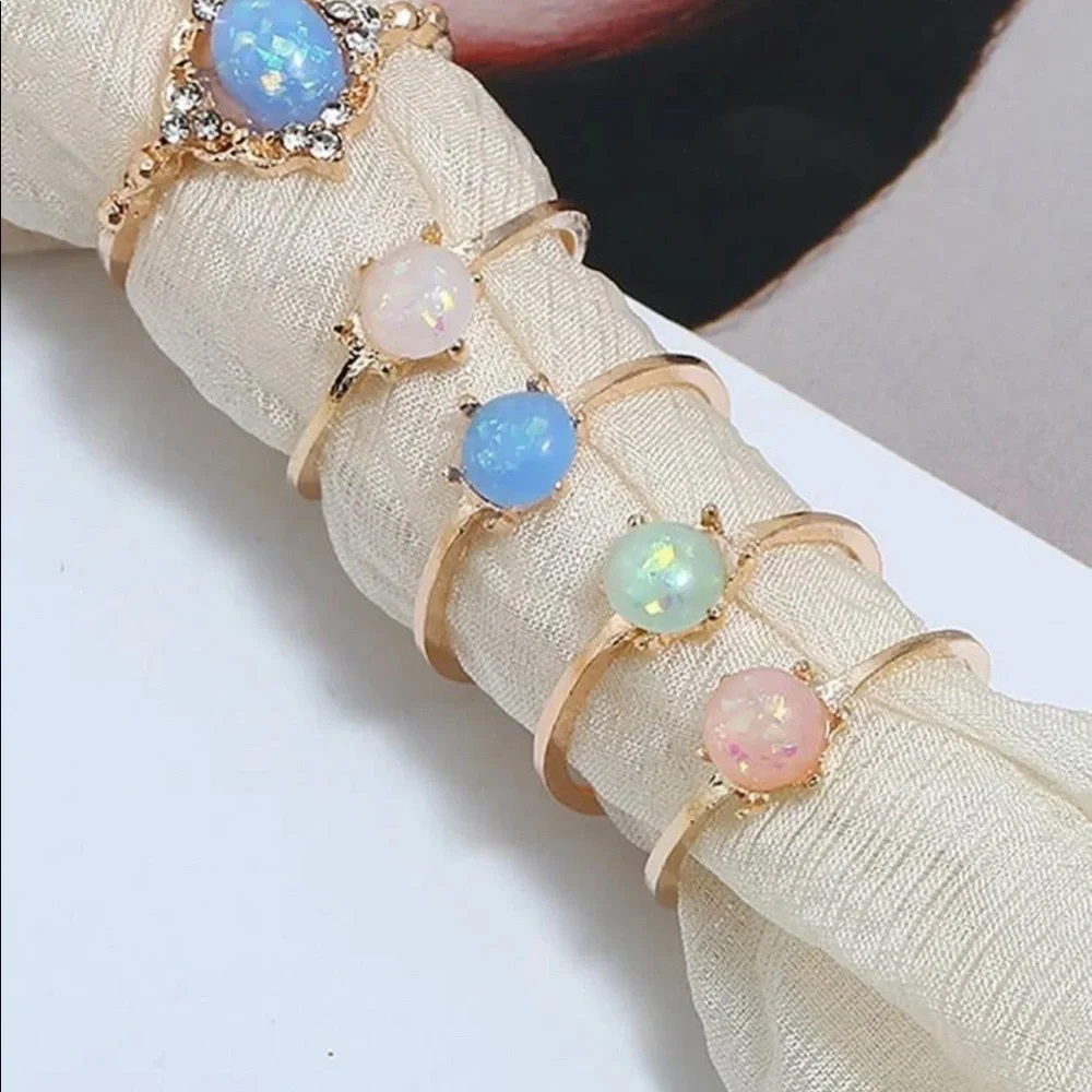 Opal Rhinestone Multicolored Pastel Stackable Rings - Picture 4 of 9